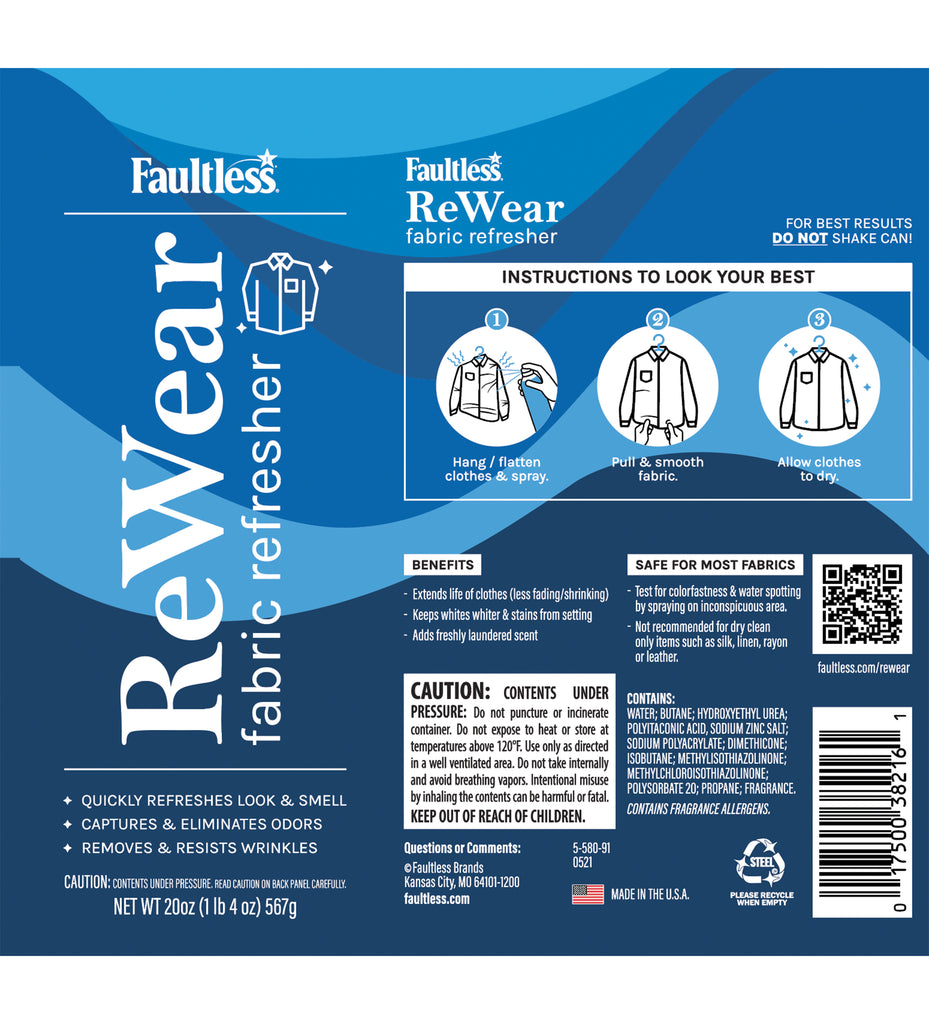 Faultless ReWear - Spray de lavado en seco para ropa –  removedor de arrugas, spray de refresco de tela, captura olores – como  champú seco para la ropa: Fresh Look W/Out
